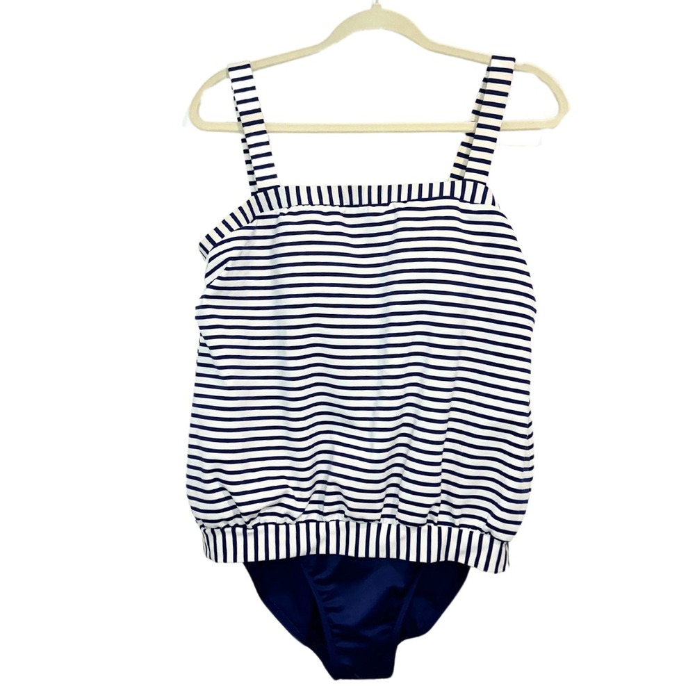 Miraclesuit One Piece Swimsuit Navy Striped Ruched Size 12 Square Neck